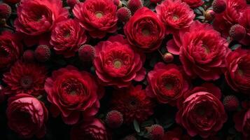 Dense Floral Arrangement of Red and Burgundy Shades Color Flowers photo