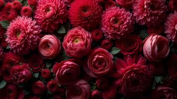 Dense Floral Arrangement of Red and Burgundy Shades Color Flowers photo