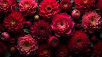 Dense Floral Arrangement of Red and Burgundy Shades Color Flowers photo
