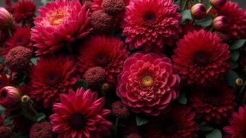 Dense Floral Arrangement of Red and Burgundy Shades Color Flowers photo