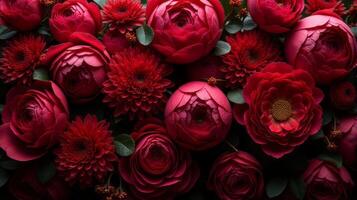 Dense Floral Arrangement of Red and Burgundy Shades Color Flowers photo
