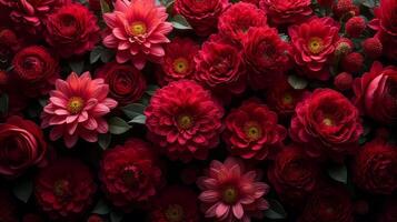 Dense Floral Arrangement of Red and Burgundy Shades Color Flowers photo