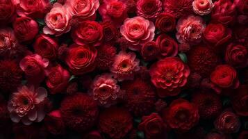 Dense Floral Arrangement of Red and Burgundy Shades Color Flowers photo