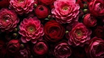 Dense Floral Arrangement of Red and Burgundy Shades Color Flowers photo