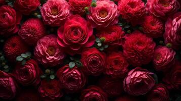 Dense Floral Arrangement of Red and Burgundy Shades Color Flowers photo
