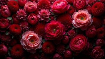 Dense Floral Arrangement of Red and Burgundy Shades Color Flowers photo