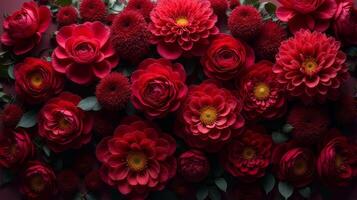 Dense Floral Arrangement of Red and Burgundy Shades Color Flowers photo