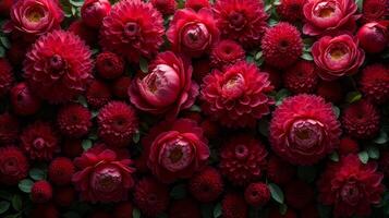 Dense Floral Arrangement of Red and Burgundy Shades Color Flowers photo