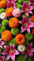 Intricate and Vibrant Floral Arrangement Featuring a Diverse Mix of Flowers photo