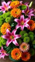 Intricate and Vibrant Floral Arrangement Featuring a Diverse Mix of Flowers photo