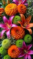 Intricate and Vibrant Floral Arrangement Featuring a Diverse Mix of Flowers photo