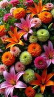 Intricate and Vibrant Floral Arrangement Featuring a Diverse Mix of Flowers photo