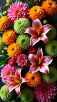 Intricate and Vibrant Floral Arrangement Featuring a Diverse Mix of Flowers photo