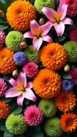 Intricate and Vibrant Floral Arrangement Featuring a Diverse Mix of Flowers photo