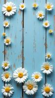 Collection of White and Yellow Daisies With Various Sizes Scattered Across a Rustic Blue Wooden Background photo