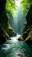 Serene and Narrow River Gorge With Lush Greenery, Sunlight Filtering Through the Foliage, Highlighting the Moss Covered Rocks photo