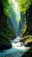 Serene and Narrow River Gorge With Lush Greenery, Sunlight Filtering Through the Foliage, Highlighting the Moss Covered Rocks photo