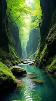 Serene and Narrow River Gorge With Lush Greenery, Sunlight Filtering Through the Foliage, Highlighting the Moss Covered Rocks photo