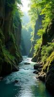 Serene and Narrow River Gorge With Lush Greenery, Sunlight Filtering Through the Foliage, Highlighting the Moss Covered Rocks photo