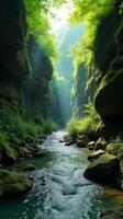Serene and Narrow River Gorge With Lush Greenery, Sunlight Filtering Through the Foliage, Highlighting the Moss Covered Rocks photo