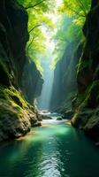 Serene and Narrow River Gorge With Lush Greenery, Sunlight Filtering Through the Foliage, Highlighting the Moss Covered Rocks photo