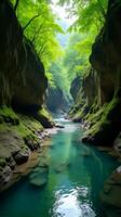 Serene and Narrow River Gorge With Lush Greenery, Sunlight Filtering Through the Foliage, Highlighting the Moss Covered Rocks photo