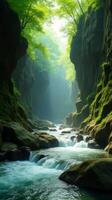 Serene and Narrow River Gorge With Lush Greenery, Sunlight Filtering Through the Foliage, Highlighting the Moss Covered Rocks photo