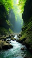 Serene and Narrow River Gorge With Lush Greenery, Sunlight Filtering Through the Foliage, Highlighting the Moss Covered Rocks photo