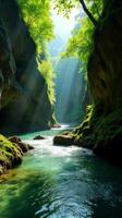 Serene and Narrow River Gorge With Lush Greenery, Sunlight Filtering Through the Foliage, Highlighting the Moss Covered Rocks photo