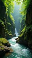 Serene and Narrow River Gorge With Lush Greenery, Sunlight Filtering Through the Foliage, Highlighting the Moss Covered Rocks photo