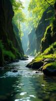 Serene and Narrow River Gorge With Lush Greenery, Sunlight Filtering Through the Foliage, Highlighting the Moss Covered Rocks photo