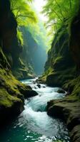 Serene and Narrow River Gorge With Lush Greenery, Sunlight Filtering Through the Foliage, Highlighting the Moss Covered Rocks photo