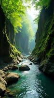 Serene and Narrow River Gorge With Lush Greenery, Sunlight Filtering Through the Foliage, Highlighting the Moss Covered Rocks photo