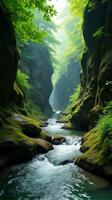 Serene and Narrow River Gorge With Lush Greenery, Sunlight Filtering Through the Foliage, Highlighting the Moss Covered Rocks photo