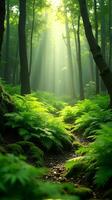 Lush Green Forest With Sunlight Filtering Through The Canopy photo