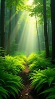 Lush Green Forest With Sunlight Filtering Through The Canopy photo
