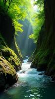 Serene and Narrow River Gorge With Lush Greenery, Sunlight Filtering Through the Foliage, Highlighting the Moss Covered Rocks photo