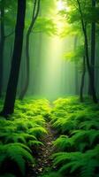 Lush Green Forest With Sunlight Filtering Through The Canopy photo