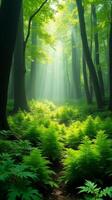 Lush Green Forest With Sunlight Filtering Through The Canopy photo