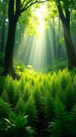 Lush Green Forest With Sunlight Filtering Through The Canopy photo