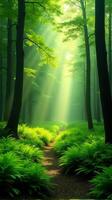 Lush Green Forest With Sunlight Filtering Through The Canopy photo
