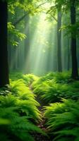 Lush Green Forest With Sunlight Filtering Through The Canopy photo