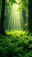 Lush Green Forest With Sunlight Filtering Through The Canopy photo