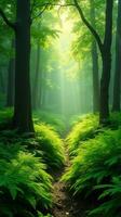 Lush Green Forest With Sunlight Filtering Through The Canopy photo