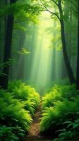 Lush Green Forest With Sunlight Filtering Through The Canopy photo