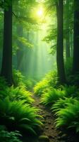 Lush Green Forest With Sunlight Filtering Through The Canopy photo