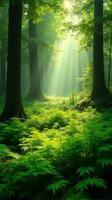 Lush Green Forest With Sunlight Filtering Through The Canopy photo