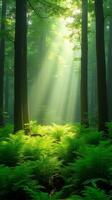 Lush Green Forest With Sunlight Filtering Through The Canopy photo