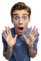 3D rendering of A young man with wide, open eyes and his mouth slightly agape, frozen in a moment of complete surprise. His hands are raised slightly in front of him, palms facing outward in a reactiv png