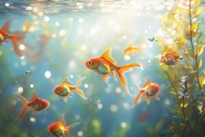 Vibrant underwater scene with colorful goldfish swimming in clear aquarium photo